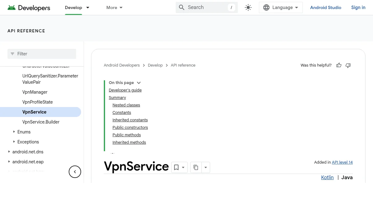 Почему WireGuard не работает в 2026 году: 8 причин и решения: изображение из источника Android Developers: VpnService